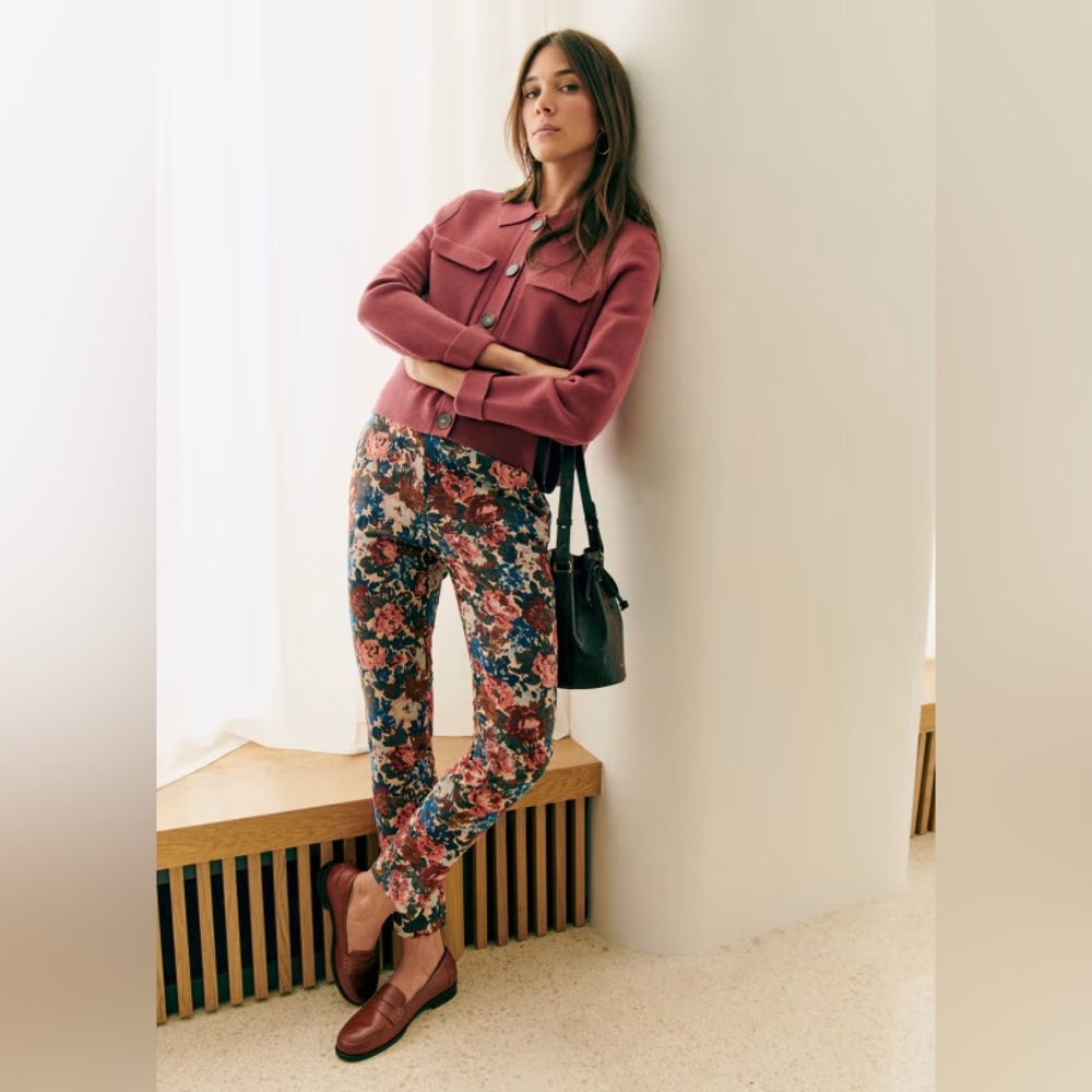 Sezane Jacquard Floral Patterned Pants October Roses Trousers